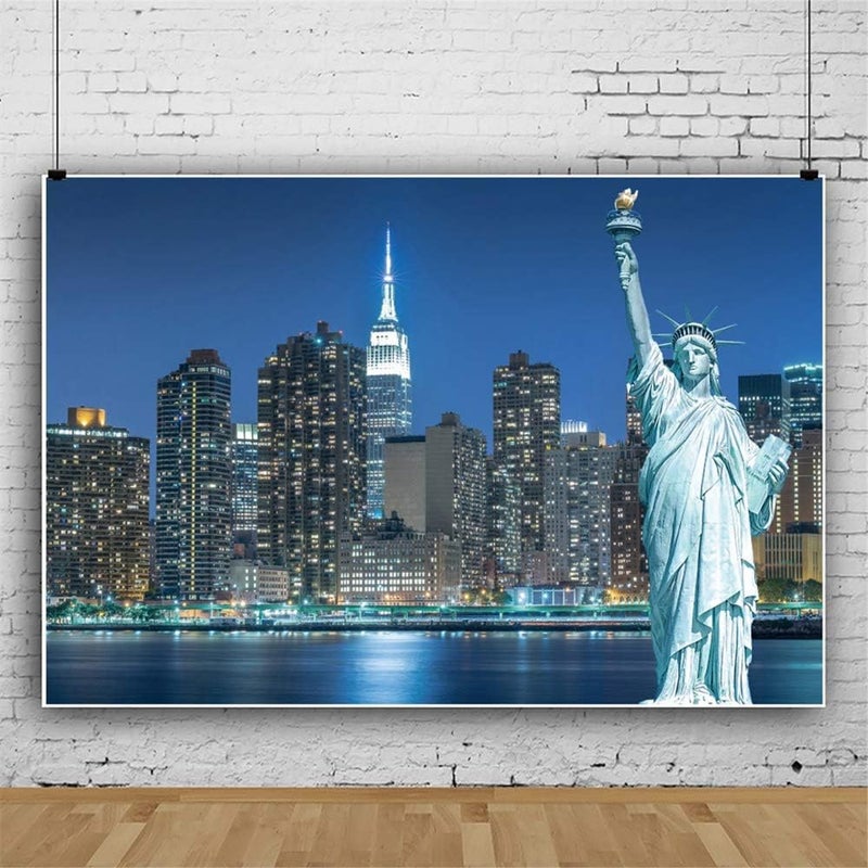 Renaiss 8x6ft Statue of Liberty Backdrop New York City Night View Manhattan Skyline NYC Morden Urban Cityscape Light Photography Background for Holiday Travel Landmark Banner Photo Studio Props - Image 3